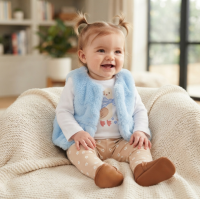 J15553NB: Baby Girls Faux Fur Gilet, Top & Legging Outfit (0-9 Months)